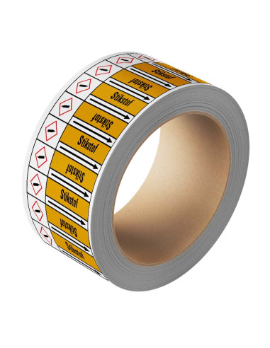 Stikstof leidingmarkering op rol, 25 meter, geel zwart, tekst stikstof met GHS pictogram