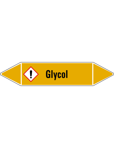 Glycol leidingmarkering op rol, 25 meter, geel zwart, tekst glycol met GHS pictogram