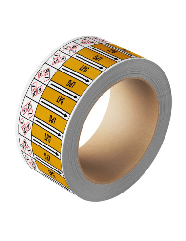 LPG leidingmarkering op rol, 25 meter, geel zwart, tekst LPG met GHS pictogram