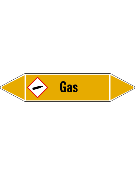 Gas leidingmarkering op rol, 25 meter, geel zwart, tekst gas met GHS pictogram
