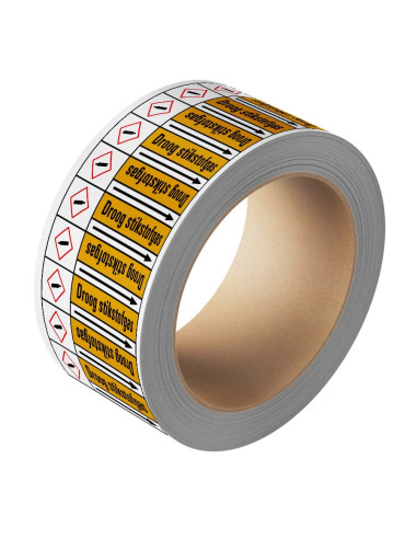 Droog stikstofgas leidingmarkering op rol, 25 meter, geel zwart, tekst Droog stikstofgas met GHS pictogram