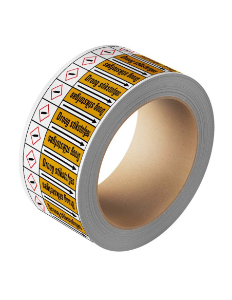 Droog stikstofgas leidingmarkering op rol, 25 meter, geel zwart, tekst Droog stikstofgas met GHS pictogram