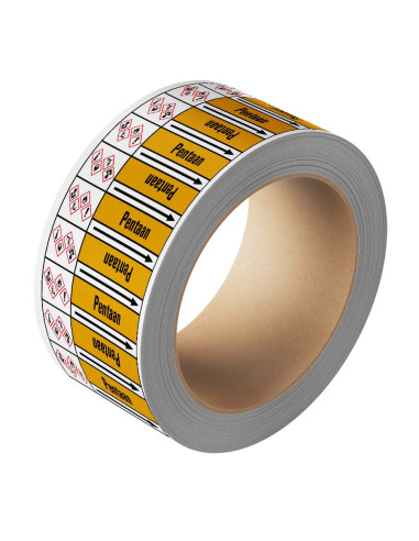 Pentaan leidingmarkering op rol, 25 meter, geel zwart, tekst Pentaan met GHS pictogram