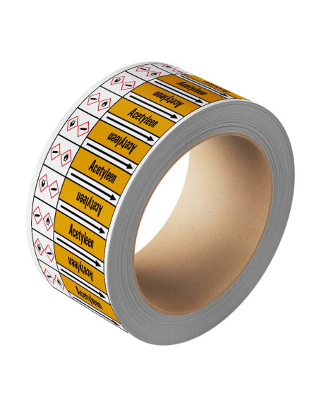 Acetyleen leidingmarkering op rol, 25 meter, geel zwart, tekst Acetyleen met GHS pictogram