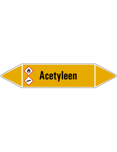 Acetyleen leidingmarkering op rol, 25 meter, geel zwart, tekst Acetyleen met GHS pictogram