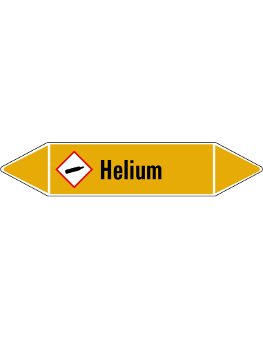 Helium leidingmarkering op rol, 25 meter, geel zwart, tekst Helium met GHS pictogram