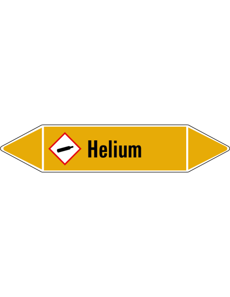 Helium leidingmarkering op rol, 25 meter, geel zwart, tekst Helium met GHS pictogram