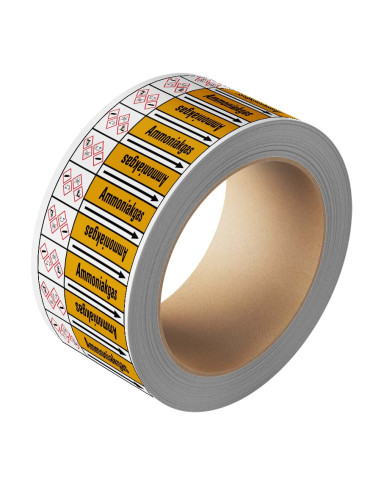 Ammoniakgas leidingmarkering op rol, 25 meter, geel zwart, tekst Ammoniakgas met GHS pictogram