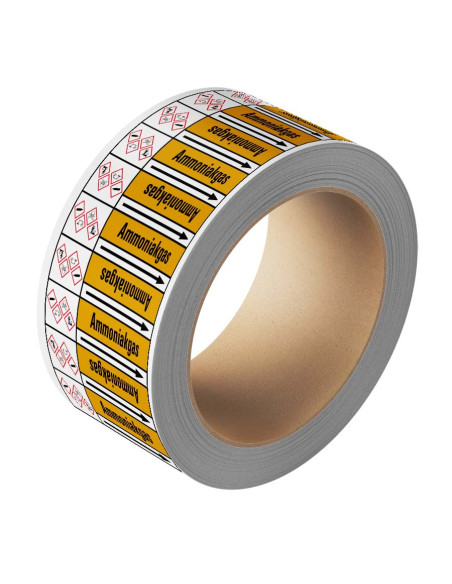 Ammoniakgas leidingmarkering op rol, 25 meter, geel zwart, tekst Ammoniakgas met GHS pictogram