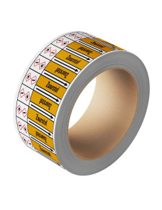 Zuurstof leidingmarkering op rol, 25 meter, geel zwart, tekst Zuurstof met GHS pictogram