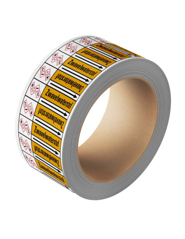 Zwavelwaterstof leidingmarkering op rol, 25 meter, geel zwart, tekst Zwavelwaterstof