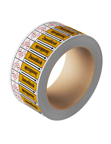 Zwaveldioxide leidingmarkering op rol, 25 meter, geel zwart, tekst Zwaveldioxide