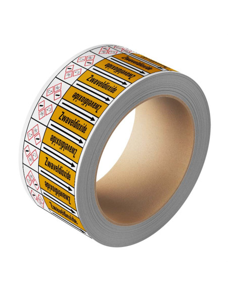 Zwaveldioxide leidingmarkering op rol, 25 meter, geel zwart, tekst Zwaveldioxide