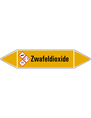 Zwaveldioxide leidingmarkering op rol, 25 meter, geel zwart, tekst Zwaveldioxide
