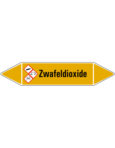 Zwaveldioxide leidingmarkering op rol, 25 meter, geel zwart, tekst Zwaveldioxide
