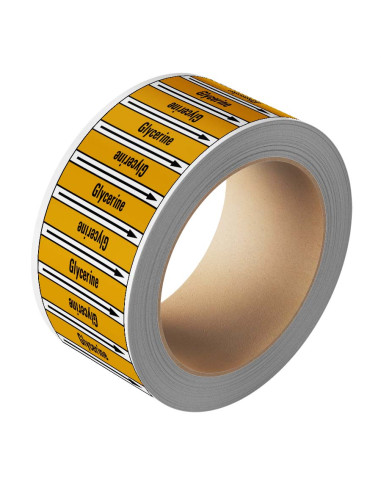 Glycerine leidingmarkering op rol, 25 meter, geel zwart, tekst Glycerine