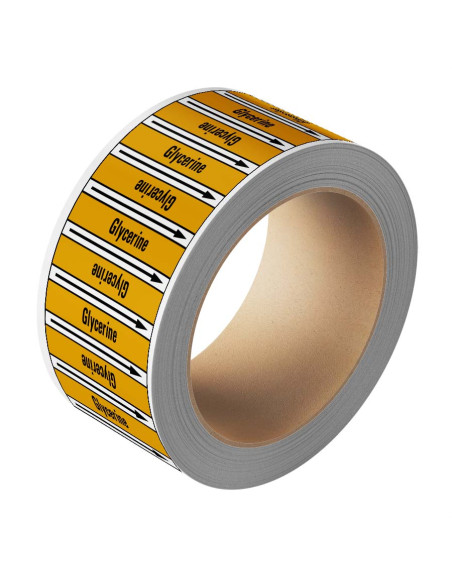Glycerine leidingmarkering op rol, 25 meter, geel zwart, tekst Glycerine