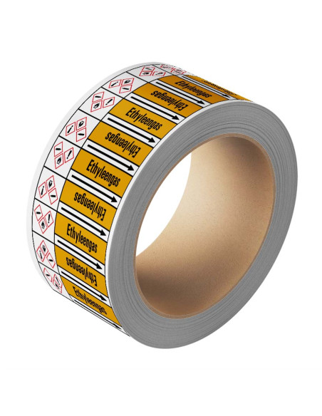 Ethyleengas leidingmarkering op rol, 25 meter, geel zwart, tekst Ethyleengas