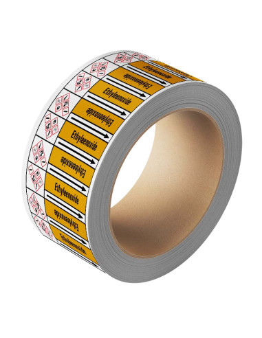 Ethyleenoxide leidingmarkering op rol, 25 meter, geel zwart, tekst Ethyleenoxide met GHS pictogram