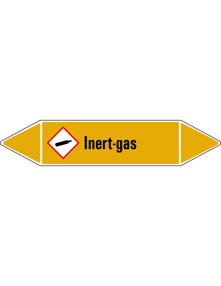 Inert-gas leidingmarkering op rol, 25 meter, geel zwart, tekst Inert-gas met GHS pictogram