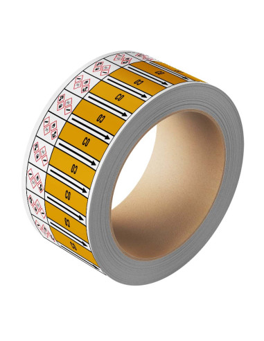 CO leidingmarkering op rol, 25 meter, geel zwart, tekst CO