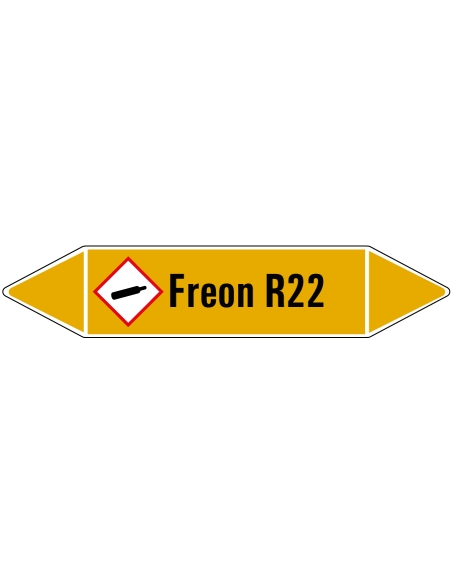 Freon R 22 leidingmarkering op rol, 25 meter, geel zwart, tekst Freon R 22 met GHS pictogram
