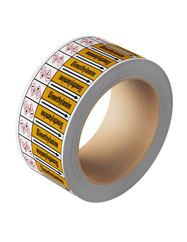 Dimethylamine leidingmarkering op rol, 25 meter, geel zwart, tekst Dimethylamine met GHS pictogram