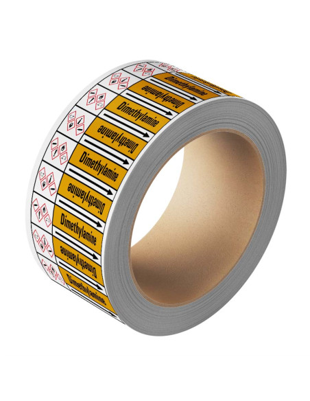 Dimethylamine leidingmarkering op rol, 25 meter, geel zwart, tekst Dimethylamine met GHS pictogram
