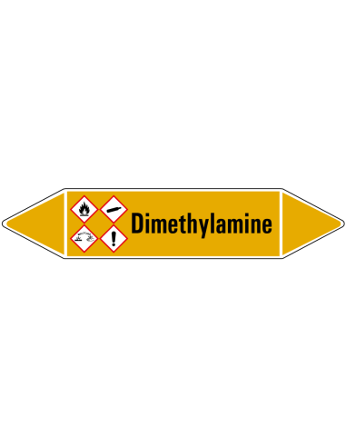 Dimethylamine leidingmarkering op rol, 25 meter, geel zwart, tekst Dimethylamine met GHS pictogram