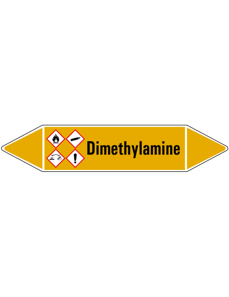 Dimethylamine leidingmarkering op rol, 25 meter, geel zwart, tekst Dimethylamine met GHS pictogram