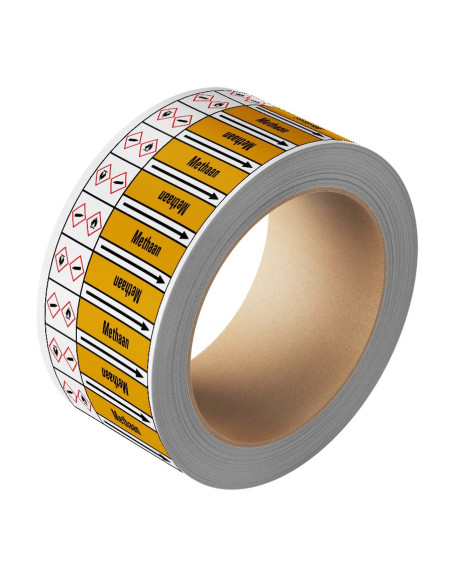 Methaan leidingmarkering op rol, 25 meter, geel zwart, tekst Methaan met GHS pictogram