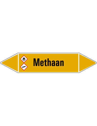 Methaan leidingmarkering op rol, 25 meter, geel zwart, tekst Methaan met GHS pictogram