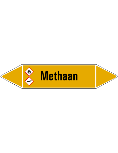 Methaan leidingmarkering op rol, 25 meter, geel zwart, tekst Methaan met GHS pictogram
