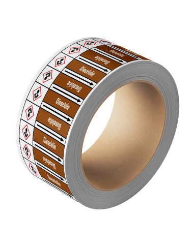 Dieselolie leidingmarkering op rol, 25 meter, bruin wit, tekst dieselolie met GHS pictogram