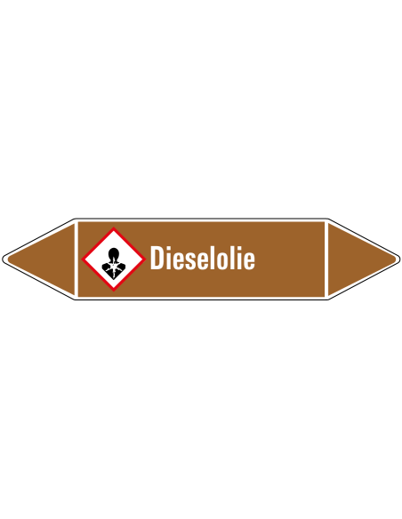 Dieselolie leidingmarkering op rol, 25 meter, bruin wit, tekst dieselolie met GHS pictogram