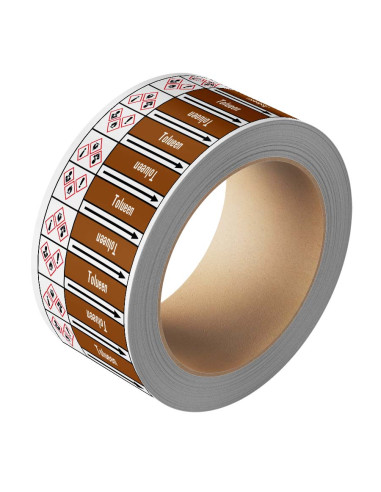 Tolueen leidingmarkering op rol, 25 meter, bruin wit, tekst Tolueen met GHS pictogram