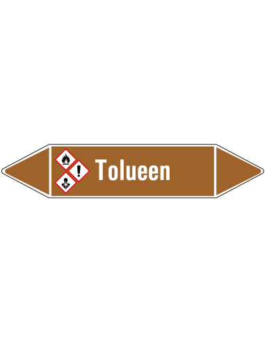Tolueen leidingmarkering op rol, 25 meter, bruin wit, tekst Tolueen met GHS pictogram