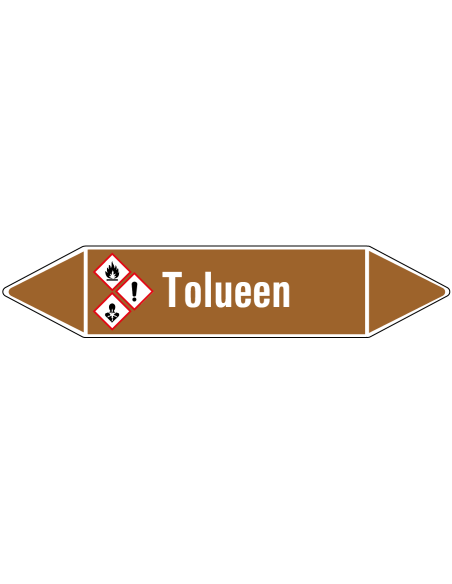 Tolueen leidingmarkering op rol, 25 meter, bruin wit, tekst Tolueen met GHS pictogram