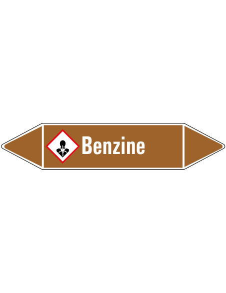 Benzine leidingmarkering op rol, 25 meter, bruin wit, tekst Benzine met GHS pictogram