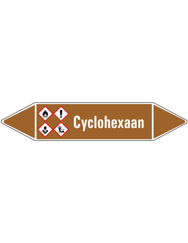 Cyclohexaan leidingmarkering op rol, 25 meter, bruin wit, tekst Cyclohexaan  met GHS pictogram