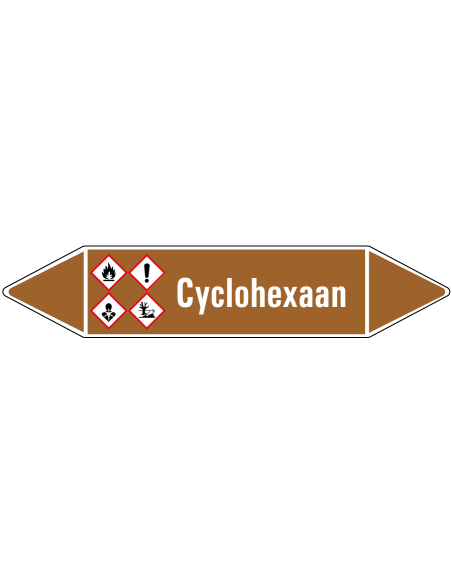 Cyclohexaan leidingmarkering op rol, 25 meter, bruin wit, tekst Cyclohexaan  met GHS pictogram