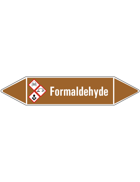 Formaldehyde leidingmarkering op rol, 25 meter, bruin wit, tekst Formaldehyde met GHS pictogram