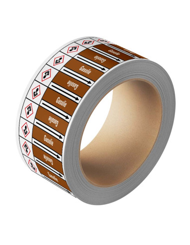 Gasolie leidingmarkering op rol, 25 meter, bruin wit, tekst Gasolie met GHS pictogram