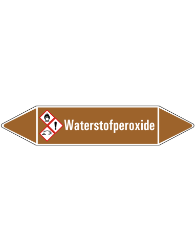 Waterstofperoxide leidingmarkering op rol, 25 meter, bruin wit, tekst Waterstofperoxide met GHS pictogram