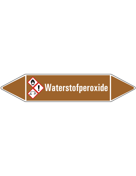 Waterstofperoxide leidingmarkering op rol, 25 meter, bruin wit, tekst Waterstofperoxide met GHS pictogram