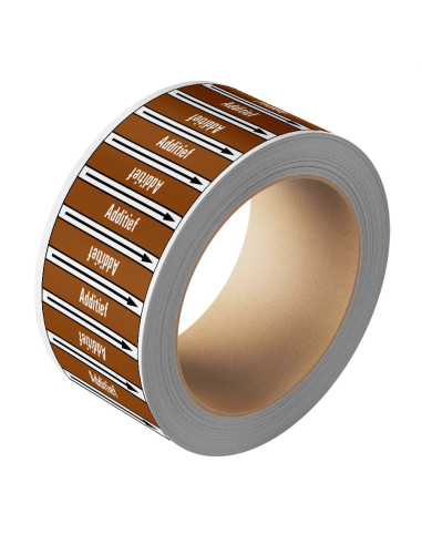 Additief leidingmarkering op rol, 25 meter, bruin wit, tekst Additief met GHS pictogram
