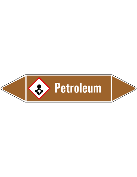 Petroleum leidingmarkering op rol, 25 meter, bruin wit, tekst Petroleum met GHS pictogram