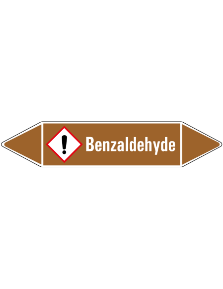 Benzaldehyde leidingmarkering op rol, 25 meter, bruin wit, tekst Benzaldehyde met GHS pictogram