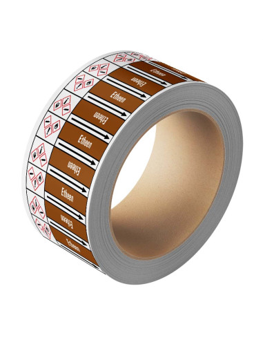 Etheen leidingmarkering op rol, 25 meter, bruin wit, tekst Etheen met GHS pictogram