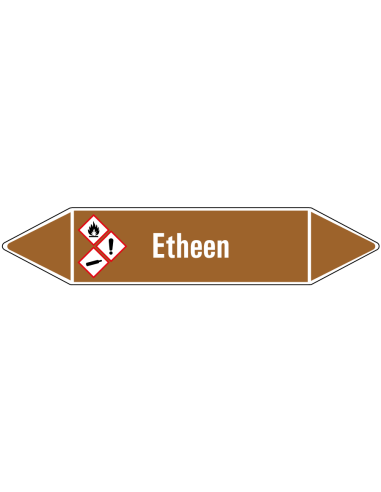Etheen leidingmarkering op rol, 25 meter, bruin wit, tekst Etheen met GHS pictogram